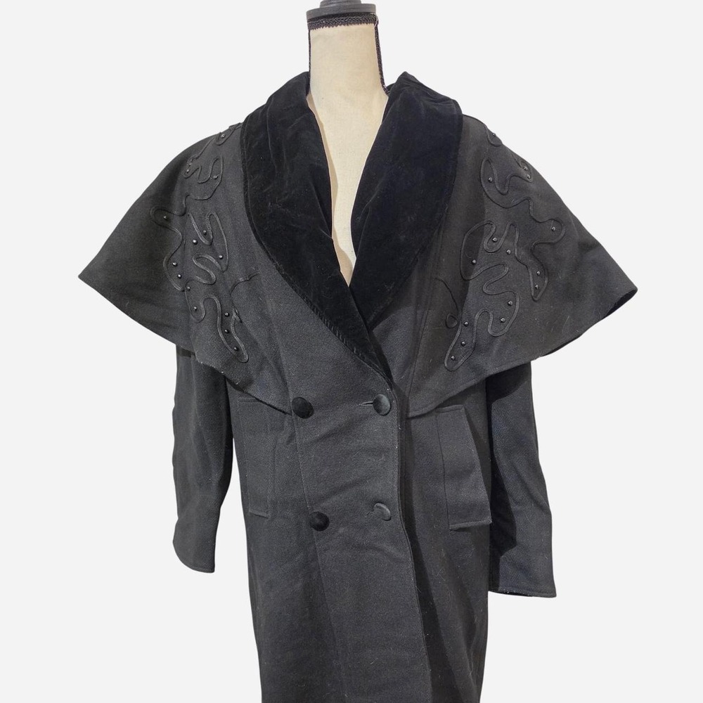 Maggie Lawrence Vintage Cape Coat Black Wool Velvet Collar Beaded Gothic
